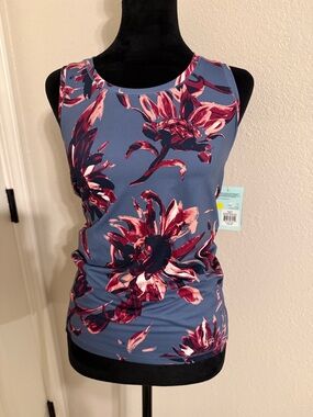 DSG Floral Scoop Tank in Dusty Blue with Pink Accents